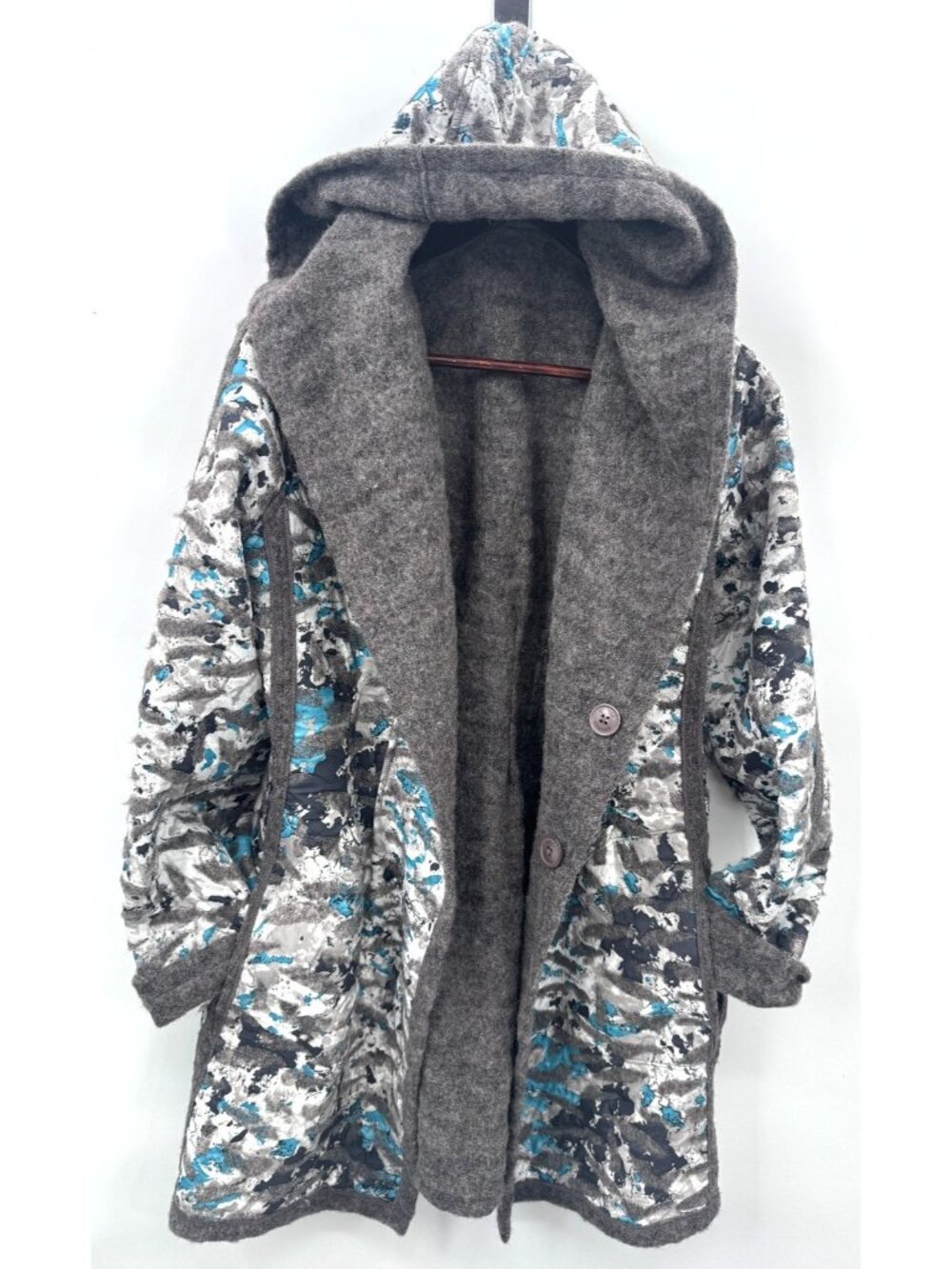 New Bylyse Gray Wool Blend Reversible Hooded Jacket Coat Pockets Buttons Sz M